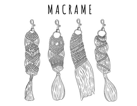 Set of macrame boho style keychains. Collection of textile knotting design charms. Linear modern indigenous macrame vector stock elementsのイラスト素材