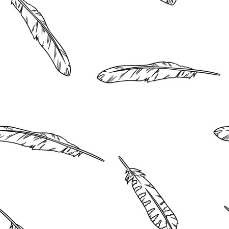 Boho feathers doodle black lineart seamless pattern. Freehand owl or hawk quill background. Vector illustration. Feather isolated on white background. Cozy lagom style texture tileのイラスト素材