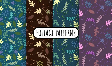 Set of abstract leaves and herbs retro seamless patterns. Cozy boho templates of stock illustrations for wrapping design, wallpaper, texture. Collection of boho background repeatable texture tilesのイラスト素材