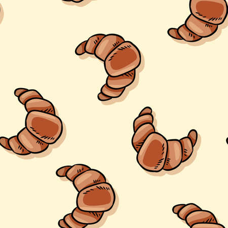 Tasty croissant doodles seamless border pattern. Cute cartoon tasty pastry repeatable texture background tile. Cozy template of stock illustration for wrapping design, wallpaperのイラスト素材