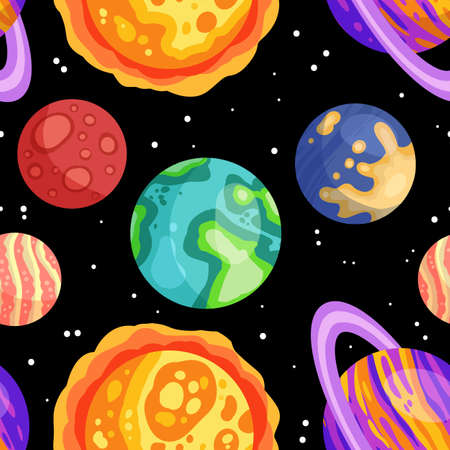 Planets, stars and satellites on a starry sky space seamless pattern background. Solar system outer space planets children wallpaper texture tile. Vector stock illustrationのイラスト素材