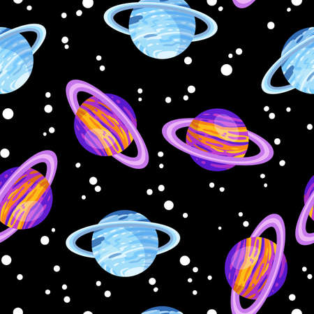 Saturn and Uranus abstract seamless space pattern background with planets with rings. Solar system...