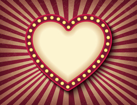 Brightly glowing heart retro cinema neon sign. Saint Valentine Day circus style show banner template. Background vector poster love postcardのイラスト素材