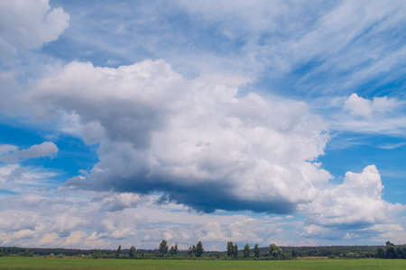 Picturesque summer landscape with white fluffy summer clouds on blue marvelous sky view background. Green meadow stock photography.の写真素材