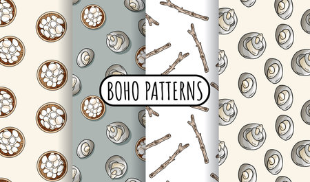 Set of bohemian seamless border patterns. Indigenous bohemian doodles background. Hand drawn hygge wallpaper. Cozy lagom template texture tile. Stock vector artのイラスト素材