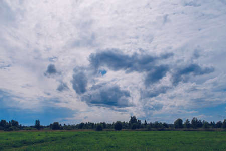 Picturesque summer landscape with white fluffy summer clouds on blue marvelous sky view background. Green meadow stock photography.の写真素材