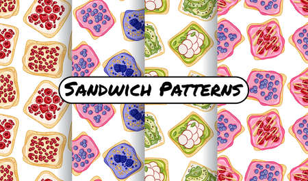 Set of toast bread sandwiches comic style seamless border patterns. Sandwiches with fruits and vegetables healthy green wallpapers. Breakfast or lunch food background tiles collectionの写真素材