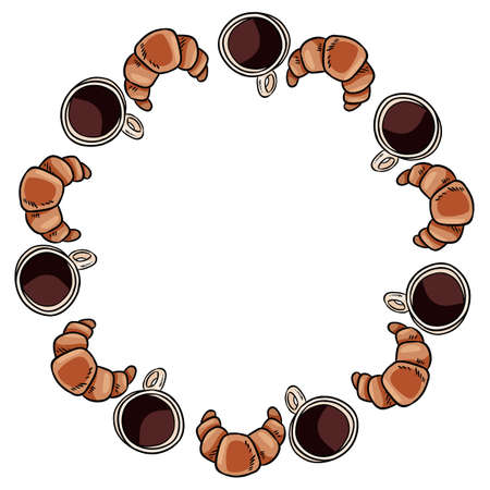 Tasty growing and coffee cups breakfast doodles wreath. Cute cartoon brunch illustration in comic art style.のイラスト素材
