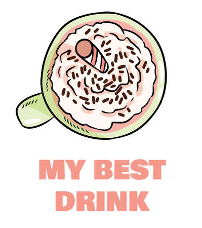 My best drink cute funny postcard with cup of milkshake. Cute coffee mug with tempting inscription flyer. Vector art is suitable for greeting cards, posters, menus, printsのイラスト素材