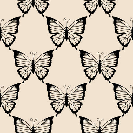 Butterfly black silhouettes seamless border pattern. Isolated in white background vector wallpaper background tileのイラスト素材