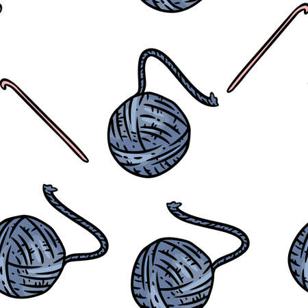 Cute cartoon yarn and crochet hook doodles seamless border pattern. Vector repeatable background tile. Cozy template of stock illustration for wrapping design, wallpaperのイラスト素材