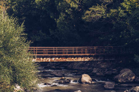 Old abandined metal bridge construction among the trees sunlit grove. forest stream crossing. stock...