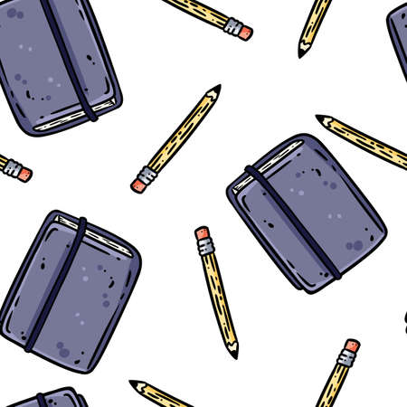 Cute cartoon sketchbook and pencils doodles seamless border pattern. Vector repeatable background texture tile. Cozy craft template for wrapping design, wallpaper. school or collegeのイラスト素材