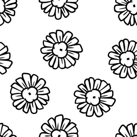 Cute cartoon daisy chamomile doodles seamless border pattern. Gentle flower vector repeatable background texture tile. Cozy template of stock illustration for wrapping wallpaper designのイラスト素材