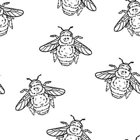 Cute cartoon bumble bee doodles seamless border pattern. Summer insect vector repeatable background texture tile. Cozy template of stock illustration for wrapping design, wallpaperのイラスト素材