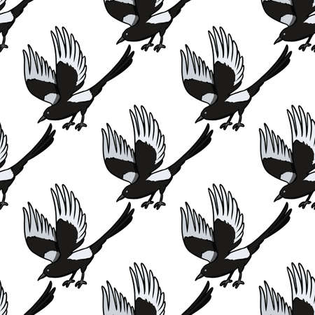Cute cartoon magpie doodles seamless border pattern. Crow or bird vector repeatable background texture tile. Cozy template of stock illustration for wrapping design, wallpaperのイラスト素材