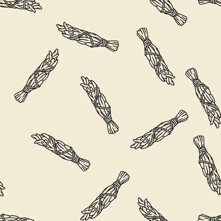 Sage smudge sticks hand-drawn boho seamless pattern. Sage herb bundle texture backgroundのイラスト素材