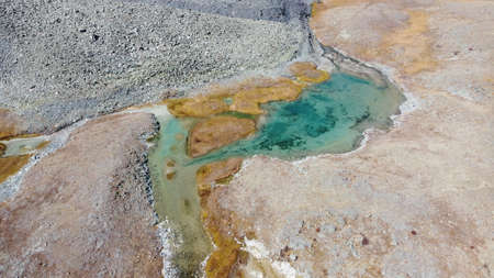 mountain glacier lake. Picturesque hidden location in the mountains. Outdoor style vacation. Adventure travel in the wildlife, no people. Mountain valley landscape aerial view stock photoの写真素材