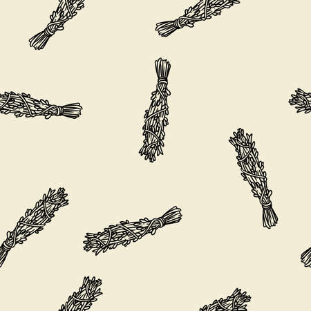 Sage smudge sticks hand-drawn boho seamless pattern. Lavender herbs bundle backgroundのイラスト素材