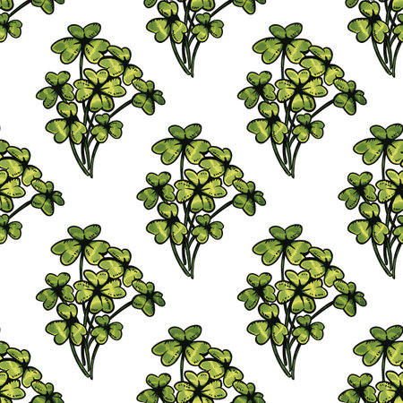Cute cartoon shamrock clover flowers doodles seamless border pattern. Summertime vector repeatable background texture tile. Cozy template of stock illustration for wrapping design, wallpaperのイラスト素材