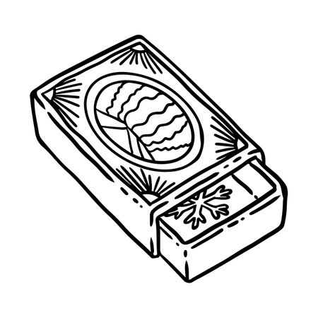 Snowflake in a matchbox. Summer winter concept art. Matches box linear vector icon. Snowflake comic style image. Hand drawn isolated image for prints, designs, cards.のイラスト素材