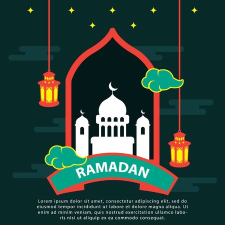 Ramadan Kareem background with moon,  stars,  lantern,  mosque in the clouds. Ramadan mubarak Greeting card.  invitation for muslimのイラスト素材
