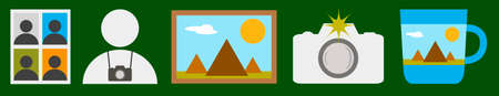 Photo service icons: photo for documents and visas, photographer, print and decoration pictures, photography, souvenir mug with your photo.の写真素材