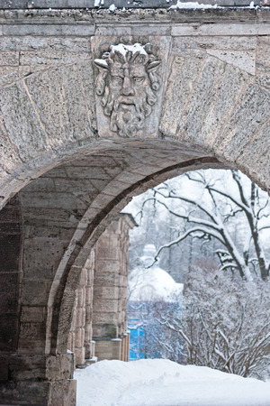 TSARSKOYE SELO, SAINT-PETERSBURG, RUSSIA - JANUARY 27, 2015: The mask of Pan on the Ramp arch  near Cameron Gellary in Catherine Park. The Tsarskoye Selo is State Museum-Preserveのeditorial素材