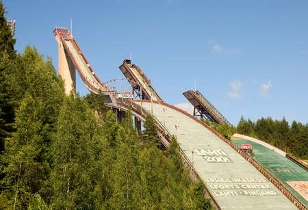 LAHTI, FINLAND - JULY 17, 2010: Lahti Sports Center. Complex of Jumping Hills. The left is highest tower Suurmaki with viewpointのeditorial素材