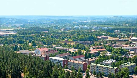 LAHTI, FINLAND - JULY 17, 2010: View of Lahti with railroad and residential houses from the highest springboard Suurmaki. Finlandのeditorial素材