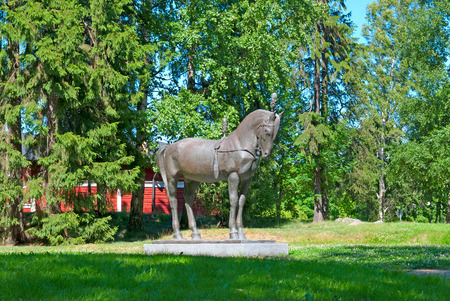RAUMA, FINLAND - JULY 6, 2013: Sirkushevonen (Circus Horse) Sculpture by Finnish sculptor Emil Cedercreutz. Located in Tekkalan Park in Old Raumaのeditorial素材