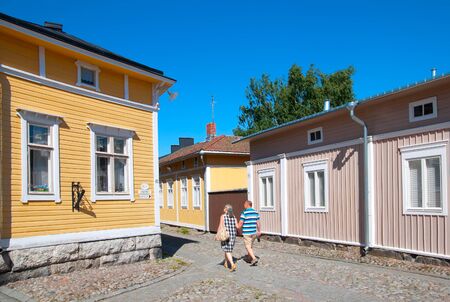 RAUMA, FINLAND - JULY 6, 2013: Wooden residential house in the old part of Rauma town.  Old Rauma is an object of the Unesco world heritage siteのeditorial素材