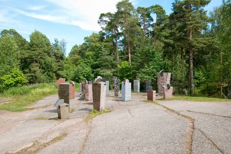 KOTKA, FINLAND - JUNE 26, 2016: Stone Eagles Exhibition. Rock collection typical for the country, stylized birds. Sapokka Water Garden.のeditorial素材