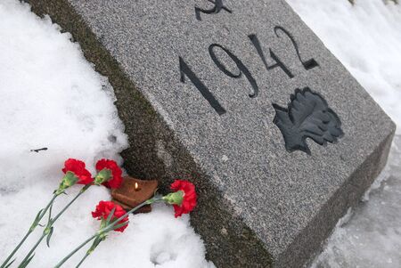 SAINT-PETERSBURG, RUSSIA, JANUARY 28, 2017: Red flowers in the snow and a slice of bread with candle on one of the mass graves on Piskaryovskoye Memorial Cemeteryのeditorial素材