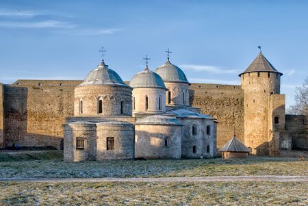 IVANGOROD, RUSSIA - JANUARY 3, 2017: Ancient Church of Saint Nicholas and Church of Dormition of the Mother of God on territory of Ivangorod Fortress that was built in 1492. Now it is a museum.のeditorial素材