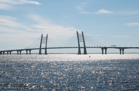SAINT-PETERSBURG, RUSSIA-JUNE 3, 2018: Pylons of the cable-stayed bridge and Western Rapid Diameter in The Gulf of Finlandのeditorial素材