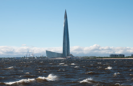 SAINT-PETERSBURG, RUSSIA - JUNE 29, 2018: View of The Gulf of Finland, 300 years Petersburg Anniversary Park and Lakhta Centerのeditorial素材