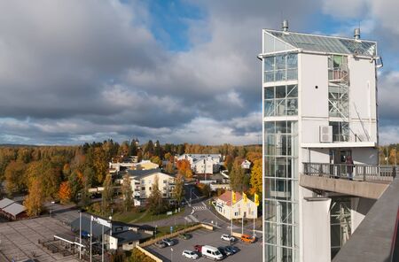 Puumala, FinlandâOctober 5, 2019: Top view of the town from the road bridge. On the right side is the elevator to the viewpoint. Southern Savonia (Savo) Regionのeditorial素材