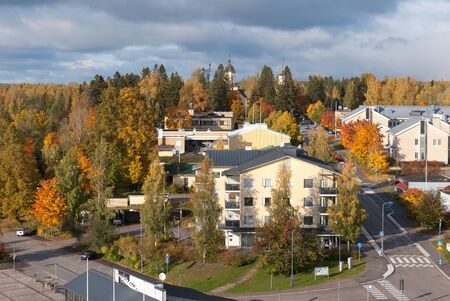 Puumala, FinlandâOctober 5, 2019: Top view of the town with the church and residential buildings from the road bridge. Southern Savonia (Savo) Regionのeditorial素材