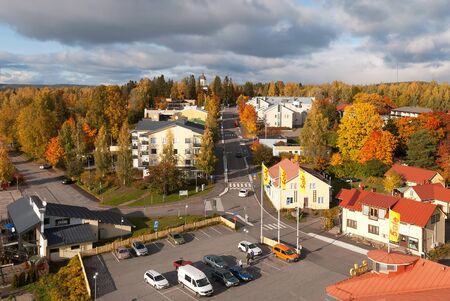 Puumala, FinlandâOctober 5, 2019: Top view of the town with the church and residential buildings from the road bridge. Southern Savonia (Savo) Regionのeditorial素材
