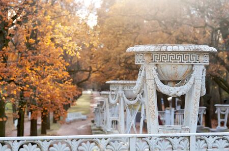 Tsarskoye Selo, Saint-Petersburg, Russia - October 15, 2019: Old vases on The Ramp near The Cameron Gallery in the autumn Catherine Park. The State Museum Preserve Tsarskoye Seloのeditorial素材