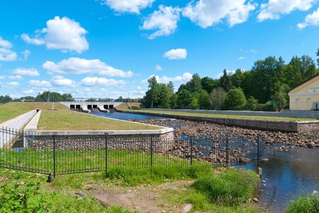 Saint-Petersburg, Russia â June 28, 2019: The hydro complex of the former Okhta Gunpowder Factory with a spillway zone and a dam bridgeのeditorial素材