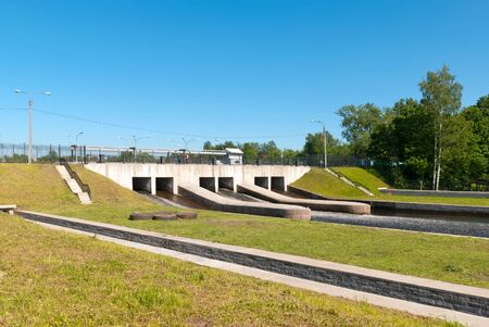 Saint-Petersburg, Russia â June 3, 2019: The hydro complex of the former Okhta Gunpowder Factory with a spillway zone and a dam bridgeのeditorial素材