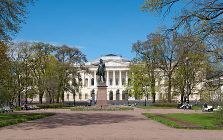 Saint-Petersburg, Russia â May 17, 2020: People rest on The Arts Square near Alexander Pushkin Sculpture. On the background is The State Russian Museumのeditorial素材