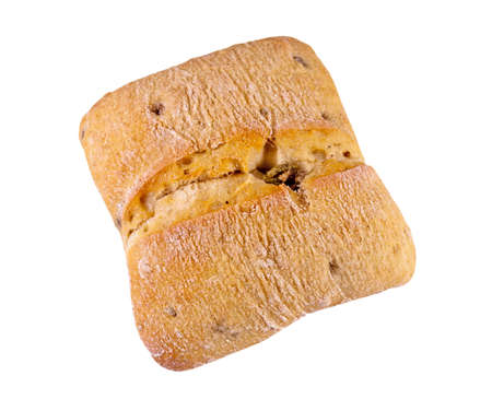 Small ciabatta with olives isolated on a white background. Top viewの写真素材