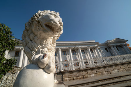 Saint-Petersburg, Russia - September 24, 2020: Lion Sculpture near Yelagin Palace stairs on Yelagin Island. Was built by Quarenghi and Rossi architectsのeditorial素材