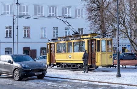 Vyborg, Leningrad Region, Russia - March 4, 2021: Small cafe in the yellow tram. The tram monument in memory of the tram movement in the town from 1912 to 1957のeditorial素材