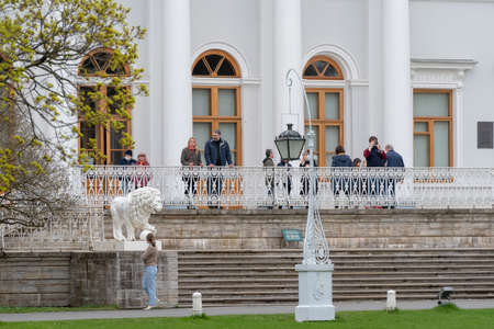 Saint-Petersburg, Russia - May 10, 2021: People on the terrace of Yelagin Palace on Yelagin Island. Was built by Quarenghi and Rossi architects in 1785 - 1790のeditorial素材