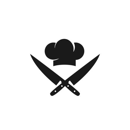 Chef cook cap with crossed knives icon isolated on white. Cooking cap. menu card. Party, cuisine, cookery sign. Flat vector illustration.のイラスト素材