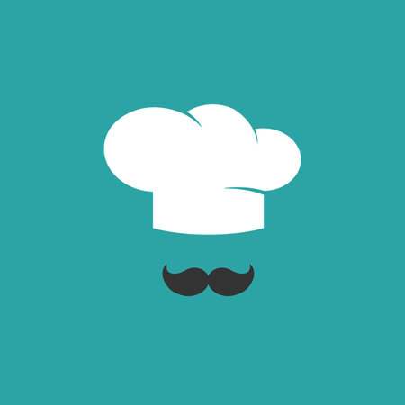 Chef cook cap with mustaches icon isolated on blue. Cooking cap. menu card. Flat vector illustration.のイラスト素材